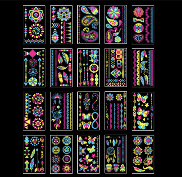 A bunch of different colored stickers on black background